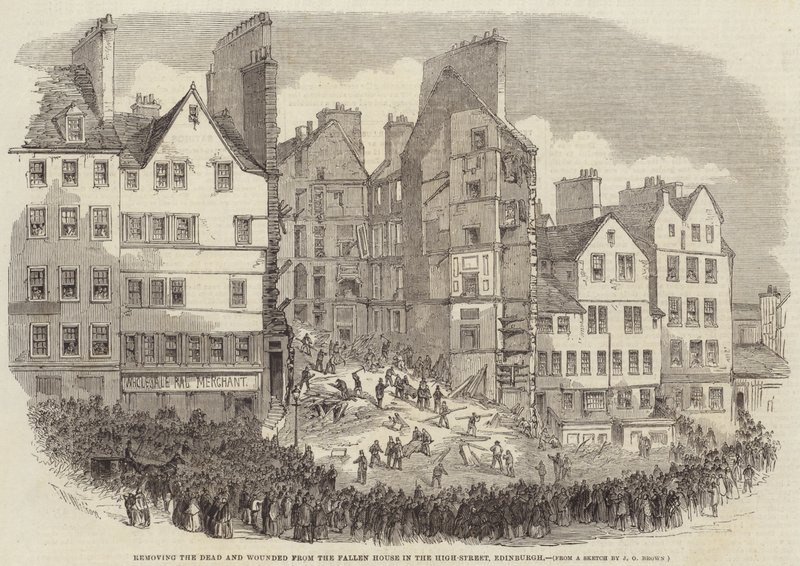 Halottak és sebesültek eltávolítása a ledőlt házból a High-Streetben, Edinburghban alkotó: after Thomas Harrington Wilson