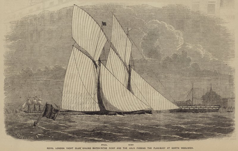 Royal London Yacht Club vitorlásmérkőzés, a Romp és a Julia elhaladva a Flag-Boy mellett North Woolwichban alkotó: after Thomas Harrington Wilson
