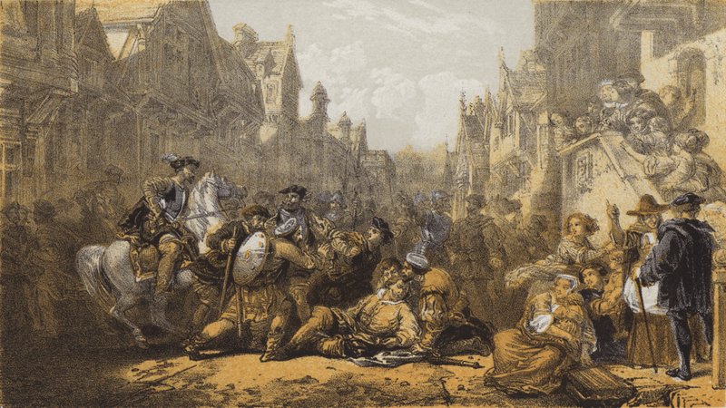 Old Linlithgow, Moray régens meggyilkolása (chromolitho) alkotó: after William Allan