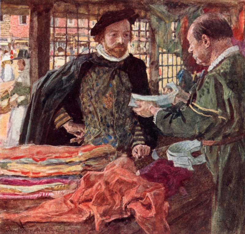 Shakespeare a Mercersben, hogy megvásárolja magának az egyik új leeső nyakörvet, amely a fodrokat váltja fel alkotó: after William Hatherell