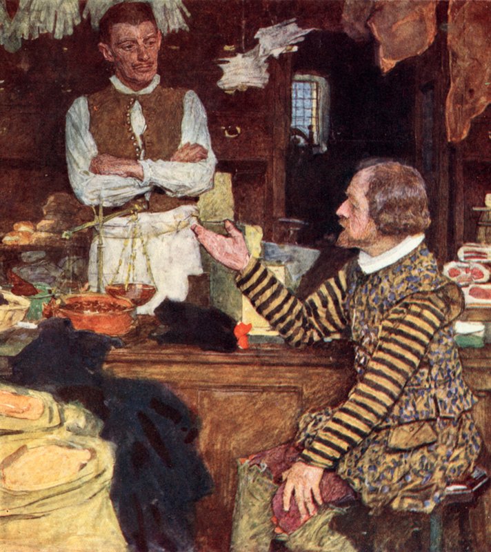 Shakespeare felhív egy bucklersburyi élelmiszerboltot, hogy elbeszélgessen John Sadlerrel, egy stratfordi tanoncsal. alkotó: after William Hatherell