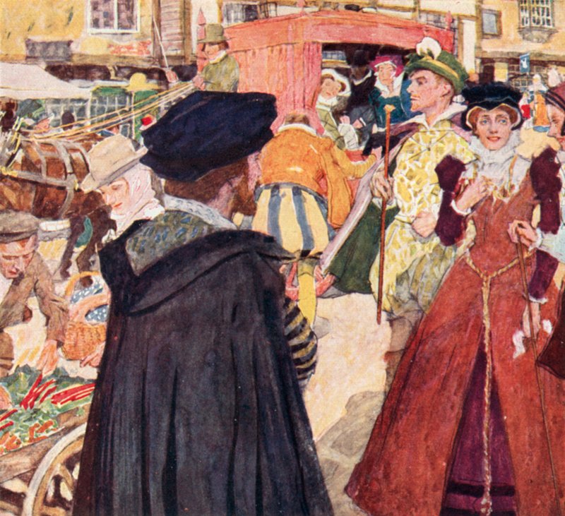 Shakespeare a londoni Ludgate Hillen figyeli a bolond divatokat és bohóckodásokat alkotó: after William Hatherell