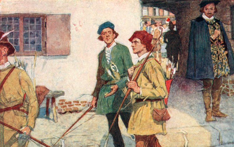 Shakespeare látja, hogy a londoni Moorfields-i íjászat íjászai íjjal és nyilakkal készülnek. alkotó: after William Hatherell