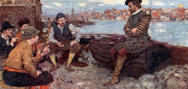 Shakespeare néhány raleigh-i férfival beszélget a spanyol főtérről alkotó: after William Hatherell