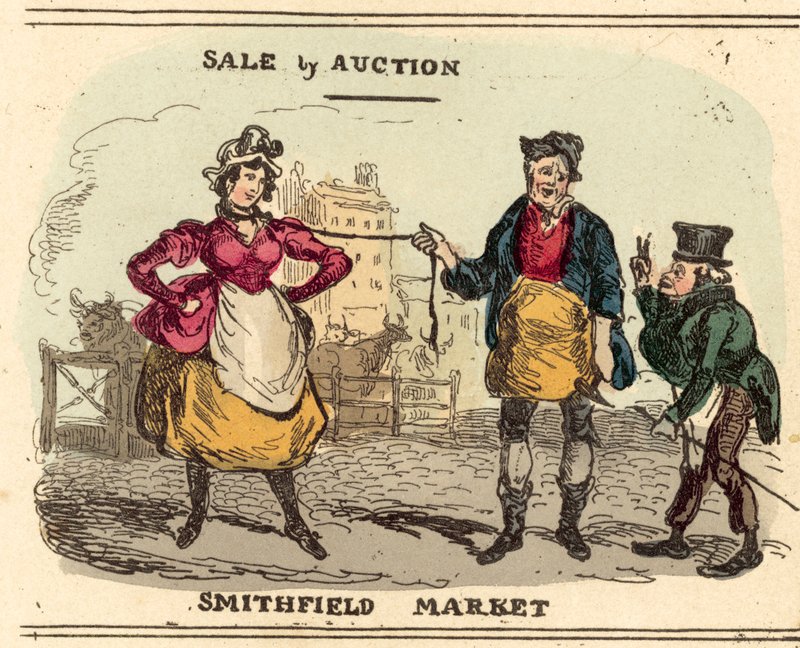 Csinos lány, aukción eladó a Smithfield Marketen alkotó: after William Heath