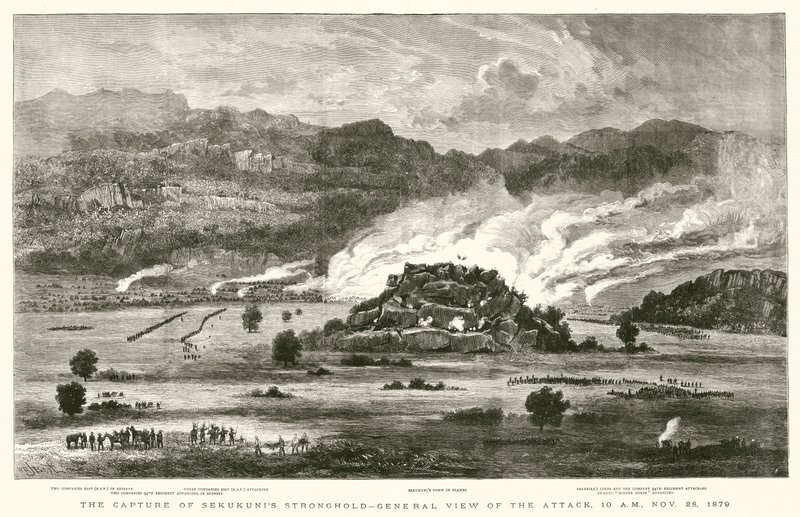 Sekukunis erőd elfoglalása, általános kép a támadásról, 1879. november 28. 10:00 alkotó: after William Henry James Boot