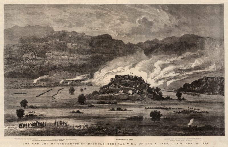 Sekukunis erőd elfoglalása, általános kép a támadásról, 1879. november 28. 10:00 alkotó: after William Henry James Boot