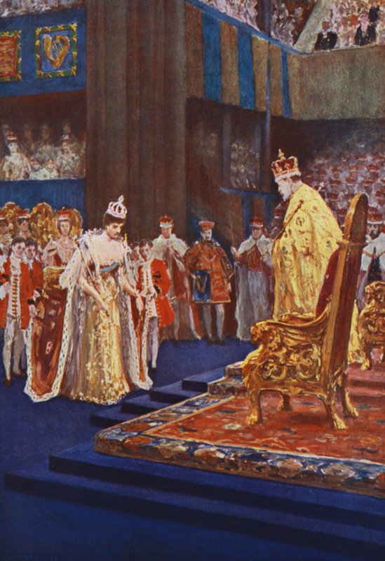 Alexandra királynő meghajol VII. Edward király előtt a trónjához vezető úton alkotó: after William Henry Margetson