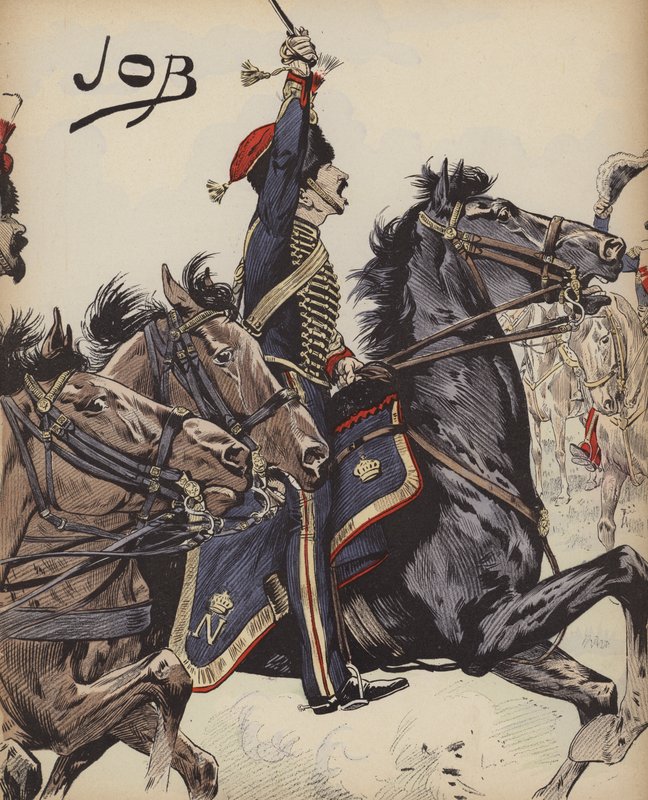 A napóleoni háborúk francia lovas katonája (színes litho) alkotó: pseudonym for Onfray de Breville Jacques Job