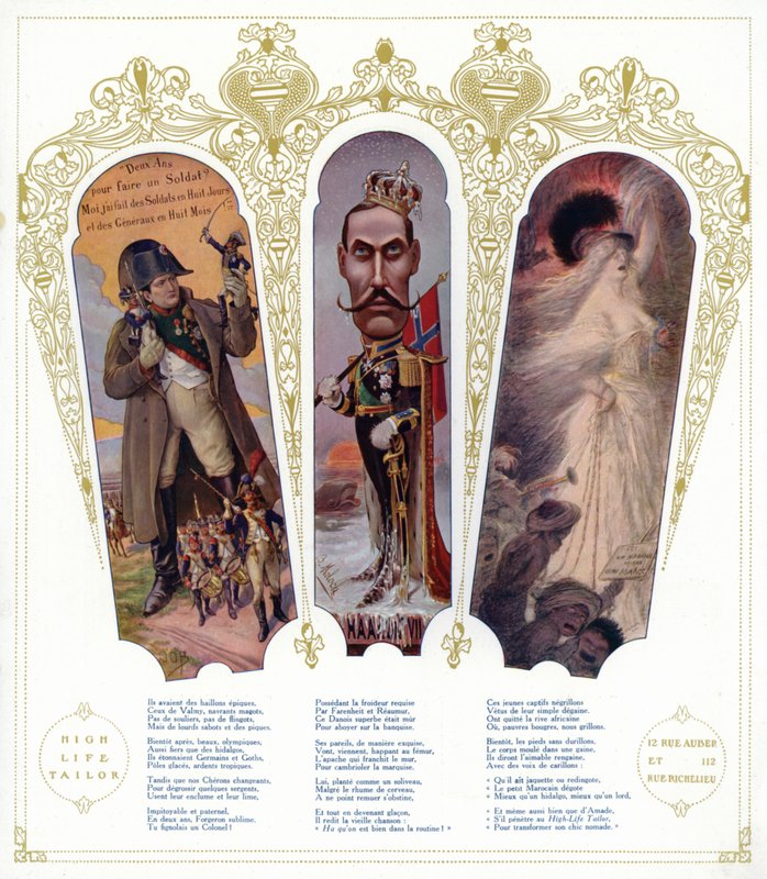 Francia katonai kiképzés, VII. Haakon norvég király és marokkói bevándorlók karikatúrája Franciaországban (színes litho) alkotó: pseudonym for Onfray de Breville Jacques Job