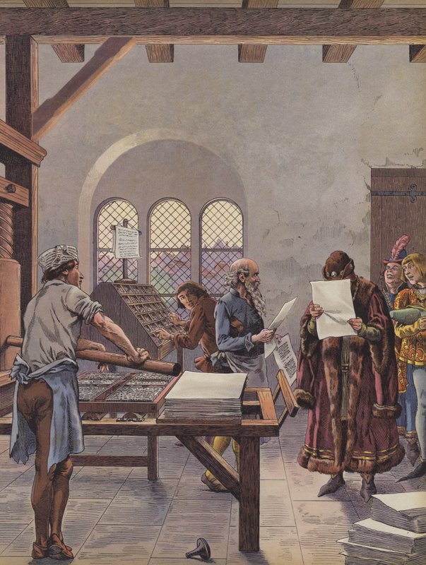 XI. Lajos király egy nyomdagépre nyomtatott dokumentumot olvas (színes litó) alkotó: pseudonym for Onfray de Breville Jacques Job