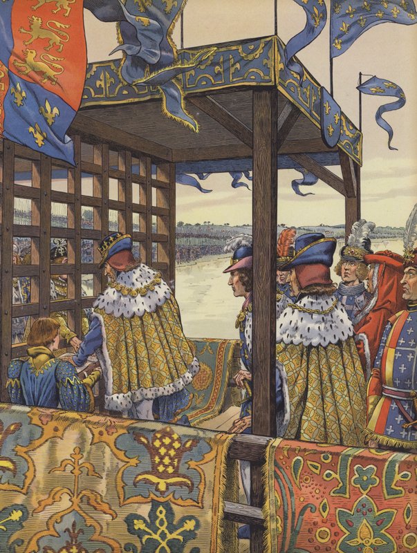 XI. Lajos francia és IV. Edward angol találkozik, hogy aláírják a Picquigny-i Szerződést egy fasorompó két oldalán alkotó: pseudonym for Onfray de Breville Jacques Job