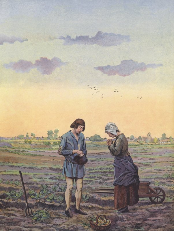 Parasztok, akik megállnak a munkájukban a mezőn, hogy imádkozzanak a király parancsa szerint (színes litó) alkotó: pseudonym for Onfray de Breville Jacques Job