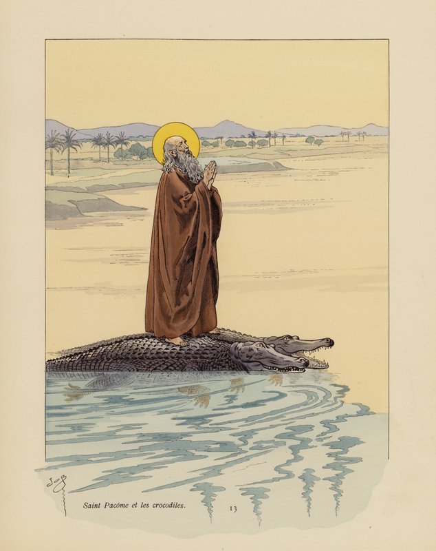 Szent Pachomius és a krokodilok (színes litográfia) alkotó: pseudonym for Onfray de Breville Jacques Job