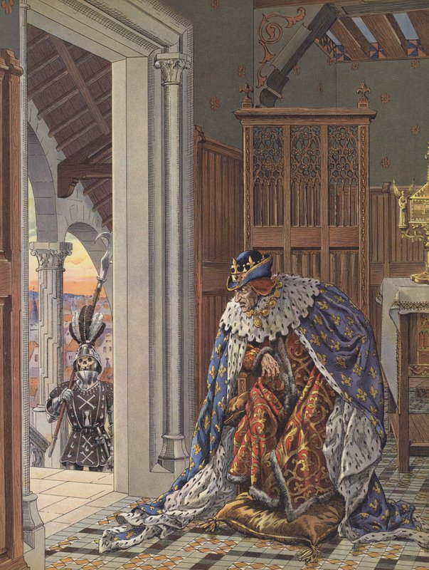 Az idős francia király, XI. Lajos halálfélő (színes litho) alkotó: pseudonym for Onfray de Breville Jacques Job