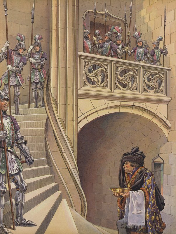 A borbély felmászott a lépcsőn a király kamrája felé, a számos fegyveres őr mellett (színes litho) alkotó: pseudonym for Onfray de Breville Jacques Job