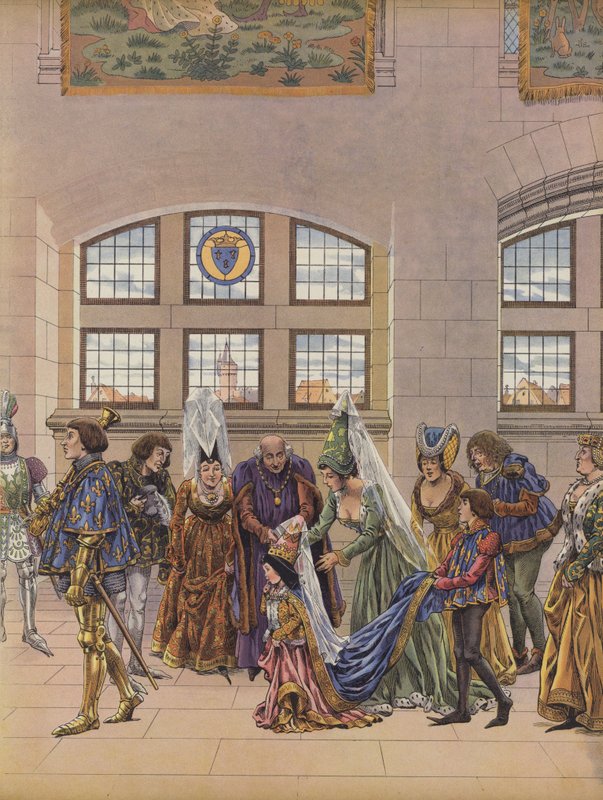 A három éves Ausztriai Margit, aki azért érkezik, hogy leendő menyasszonyaként XI. Lajos francia király fiának, Dauphin Károlynak ajándékozzák (színes litho) alkotó: pseudonym for Onfray de Breville Jacques Job