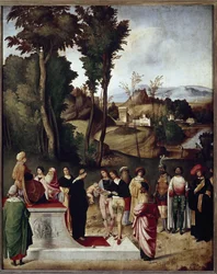 Mózes gyermek, akit a fáraó tűz és arany próbának vetett ki. részlet (Olaj, fa, 1502 körül)