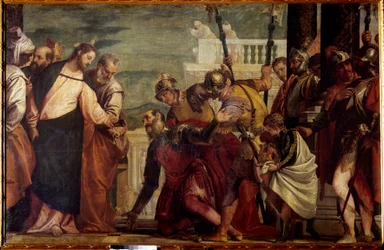 Jézus Krisztus és a százados. A kapernaumi százados könyörgött Jézusnak, hogy hadba szálljon bénult szolgájával. Paolo Veronese (1528-1588) festménye 16. század V. 1,92x2,97 m Madrid, Prado Múzeum