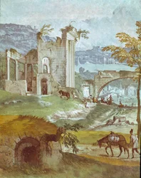 Bacchus szobájának tája. Paolo Caliari Paolo Veronese (1528-1588) című festménye, 1561 körül. Fresco Maser (Treviso), Villa Barbaro, Bacchus szobája