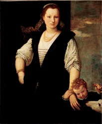 Nő portréja gyerekkel és kutyával (Francesco Bevilacqua gyermekei?) Paolo Veronese Caliari festménye (1528-1588) 16. század V. 115x95 cm Párizs, Musee du Louvre