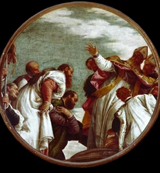 Szent Miklós fogadja a mirai jegyző tisztelgését. Paolo Caliari festménye Paolo Veronese (1528-1588)
