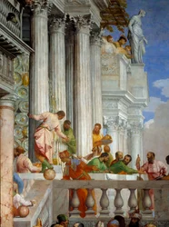 Kána esküvője, részlet: oszlopok és erkély. Paolo Veronese freskója (1528-1588) Ec. Péntek.