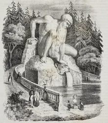Az Appenninek kolosszusa (Giambologna műve) a Villa Demidoff (Villa Medicea di Pratolino) parkjában, Vaglia, Toszkána, Olaszország, Giovanni Mariani litográfiája a Poliorama Pittoresco 10. számából, október 15.