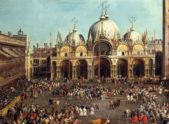Bikaviadal vagy bikavadászat a Piazza San Marco-n, Giovanni Antonio Canal, Canaletto (1697-1768) és Giovanni Battista Cimaroli (1687-1753 után), olaj, vászon, 99x145 cm