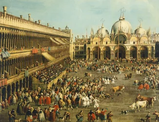 Bikaviadal vagy bikavadászat a Piazza San Marco-n, Giovanni Antonio Canal (1697-1768) és Giovanni Battista Cimaroli (1687-1753 után), olaj, vászon, 99x145 cm