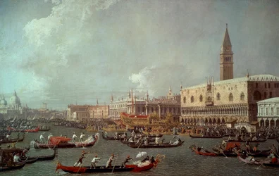 A Bucentaur visszatérése a mólóhoz a mennybemenetel napján (kb. 1760), a Canaletto néven ismert Giovanni Antonio-csatorna (1697-1768), olaj, vászon