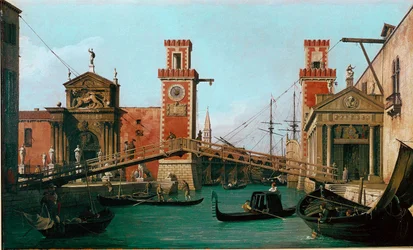 Az Arsenal híd Velencében, Giovanni Antonio Canal, Canaletto (1697-1768) néven ismert művész festménye, 1730-1731, 47 x 79 cm, Anglia, Woburn Abbey