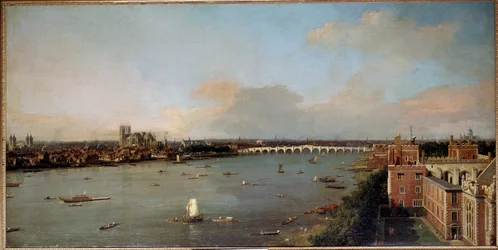 London és a Temze látképe a 18. században. Antonio Canal, Canaletto néven ismert művész (1697-1768) festménye, 18. század - Lobkowicz-gyűjtemények, Lobkowicz-palota, Prága - Méretek Magasság: 118 cm (46.5 in). Szélesség: 238 cm (93.7 in)