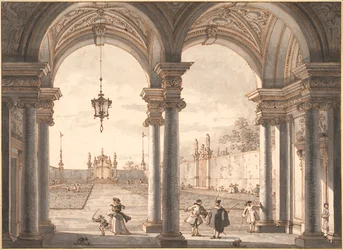 ""Kertre néző barokk oszlopsor látképe"" (Kilátás barokk oszlopsoron át a kertbe) Antonio Canal dit Canaletto (1697-1768) tollrajza 1760-1768 Méret: 33,1x45,4 cm Albertina, Bécs