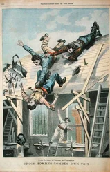Három férfi lezuhan a tetőről, a "Le Petit Parisian"-ból, Fortune-Louis Meaulle (1844-1901) metszetében, 1900. április 8. (színes litó)