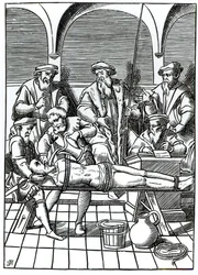 Vízzel való kínzás, Joos de Damhouder (1507-81) "Praxis Rerum Criminalium" című, Antwerpenben kiadott fametszete után.