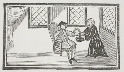 Az őt halálra vérző áruló szerzetes ábrázolása, illusztráció a „Chap-books of the Eightenth Century”-ből, John Ashton, pub. 1882 (litó)