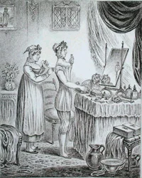 Progress of the Toilet: the Stays, metszett James Gillray (1757-1815), Hannah Humphrey adta ki 1810-ben (rézkarc)