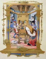 Egy 16. századi nyomda belseje, a „Chants royaux sur la Conception Couronnee du Puy de Rouen” miniatúrájának másolata (színes litó)