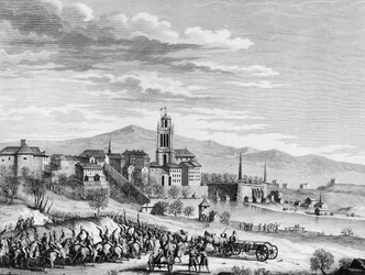 A francia forradalom háborúja: A franciák diadalmas bevonulása Bernbe (Svájc) 1798 márciusában. Berthaut metszete Girardet nyomán. Párizs, a Forradalomtörténeti Intézet könyvtára