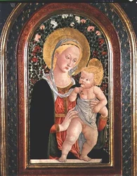 Madonna és gyermeke, gyermek áll, kezében madárral