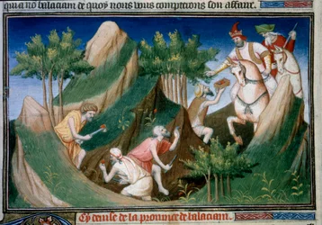 Rubinok kitermelése a Sziginán hegyből Badakhchan királyának (Perzsia régió) parancsára A miniatúra a „” Csodák könyvéből””” („” Devisement of the World””, „” Il Milione”) Marco Polo (1254-1324) mestere illusztrálta