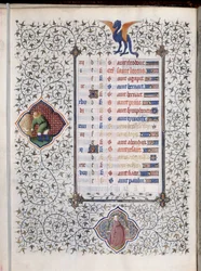 Kéziratos oldal „” Les Tres Riches Hours du Duke Francois de Guise””” decoree állatöv és a mezőgazdasági munka, a betakarítás ábrázolása. Boucicaut mesterének miniatűrje