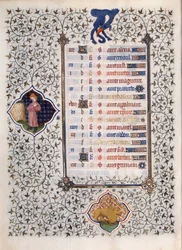 A „Les Tres Riches Hours du Duke Francois de Guise”” kézirat oldala Boucicaut mestere által megvilágított: az állatöv jegyeinek és a mindennapi élet színtereinek ábrázolása: az oroszlán. 15. század. Musee Conde, Chantilly