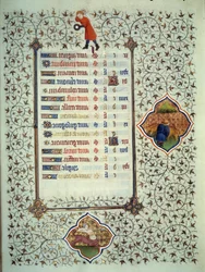 A „Les Tres Riches Hours du Duke Francois de Guise” kézirat oldala Boucicaut mestere által megvilágított: az állatöv jegyeinek és a mindennapi élet színtereinek ábrázolása: a nyilas és a bétail tenyésztő. 15. század. Musee Conde, Chantil