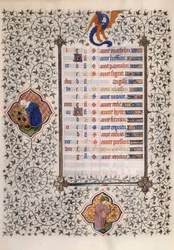 A „Les Tres Riches Hours du Duke Francois de Guise” kézirat oldala Boucicaut mestere által megvilágított: az állatöv és a mezőgazdasági munka jegyeinek ábrázolása: egyensúly és betakarítás. 15. század. Musee Conde, Chantilly