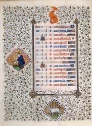 A „Les Tres Riches Hours du Duke Francois de Guise” kézirat oldala Boucicaut mestere által megvilágított: az állatöv jegyeinek és a mindennapi élet színtereinek ábrázolása: a hívő és egy fonatot kaszáló férfi. 15. század. Musee Conde, Chantilly