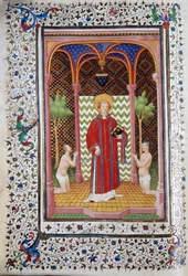 Szent Leonárd (6. század) ábrázolása, Limousin remete, két foglyot szabadon engedve Boucicaut mestere által megvilágított „” Les Tres Riches Hours duke Francois de Guise”” kézirat oldala. 15. század. Musee Conde, Chantilly