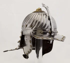 Zischägge, 1620-25 körül (acél, vas, sárgaréz és bőr)