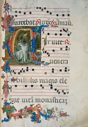 Megvilágított kezdőbetűje Szent Romualdo alakjával (Chorale 8, 76 körül), a Santa Maria degli Angeli 8. kóruskönyvéhez